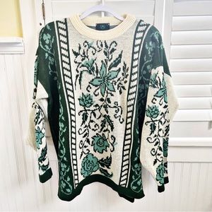 Emerald Isle Made in Ireland Cream & Green Floral Knit Crewneck Sweater Sz Large